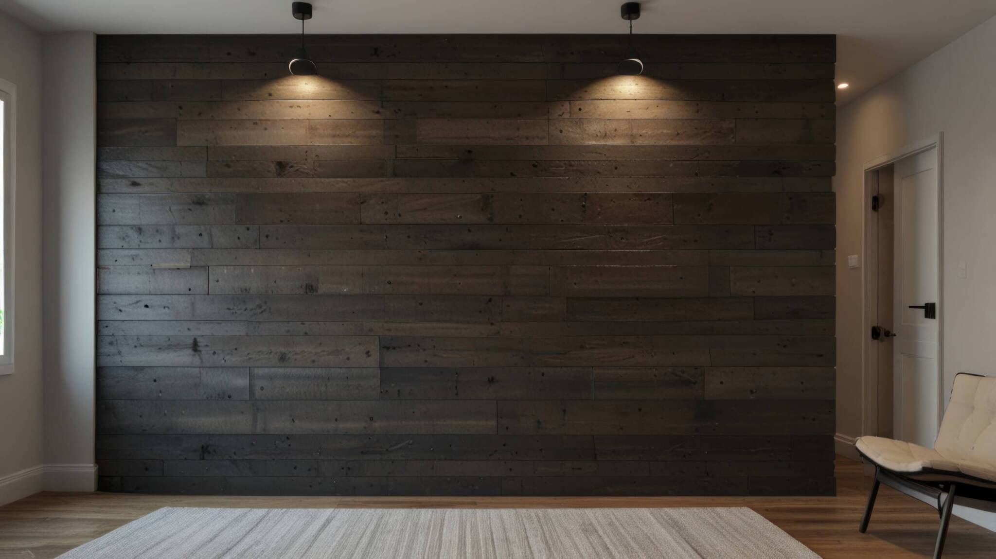 Dark wood accent wall in modern room.